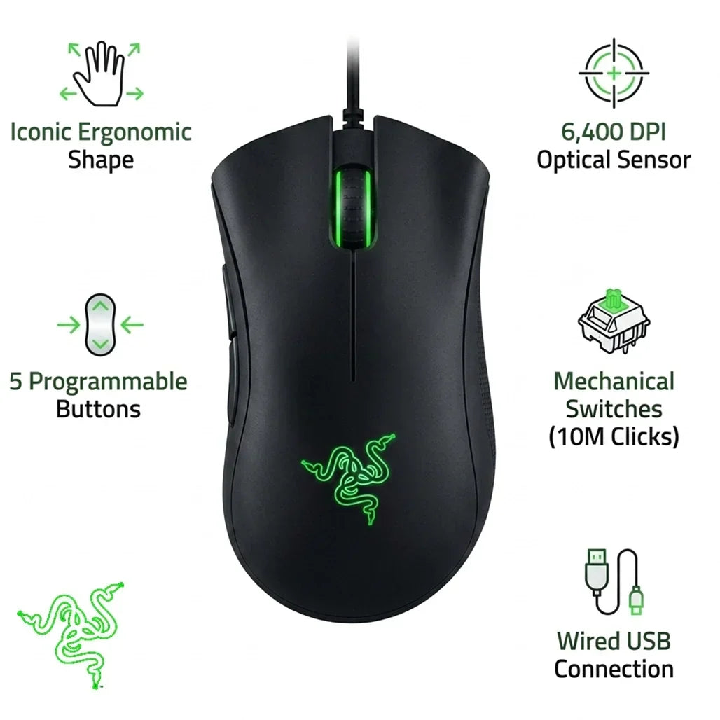 DeathAdder Essential (2021) Wired Gaming Mouse - Optical Sensor, 6400 DPI, 5 Programmable Buttons, Ergonomic Form Factor - BLACK