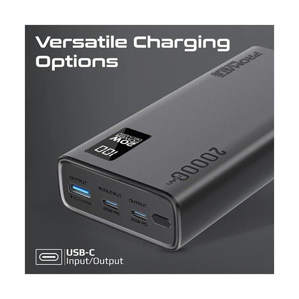 Promate Bolt-20PD, Compact Smart Charging Power Bank with 20W PD Dual USB-C and 22.5W USB-A Ports
