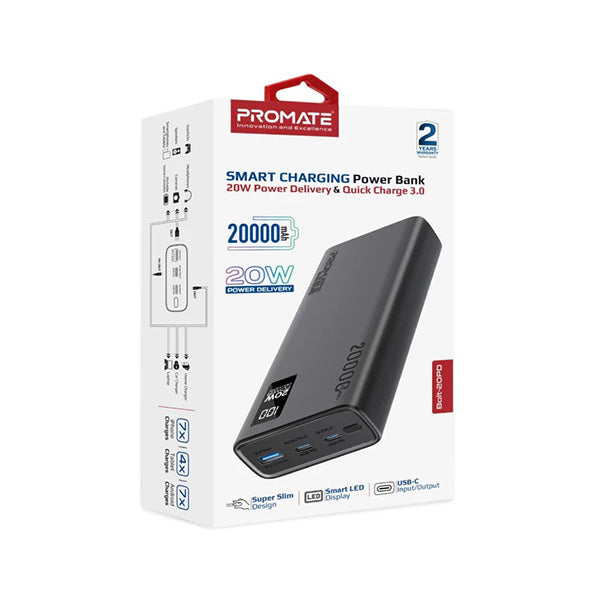 Promate Bolt-20PD, Compact Smart Charging Power Bank with 20W PD Dual USB-C and 22.5W USB-A Ports