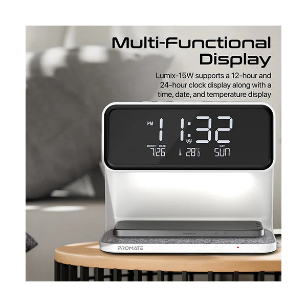 Promate LUMIX-15W, Multi-Function LED Alarm Clock with 15W Wireless Charger
