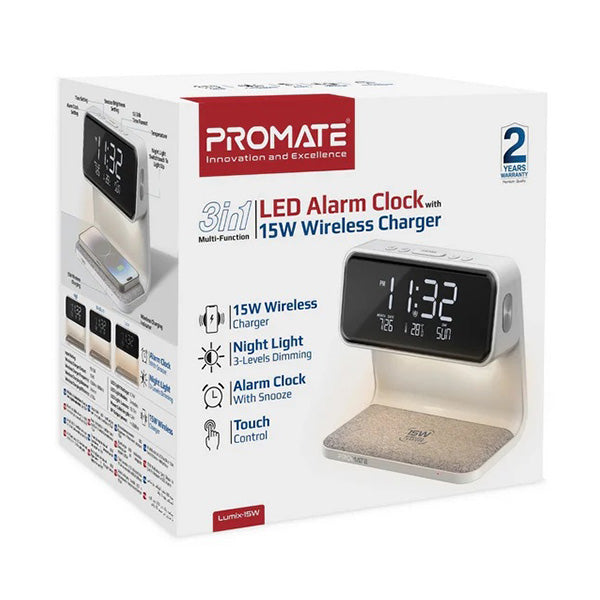 Promate LUMIX-15W, Multi-Function LED Alarm Clock with 15W Wireless Charger