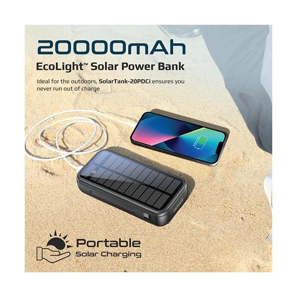 SolarTank-20PDCi, 20000mAh EcoLight™ Solar Power Bank with Built-in USB-C & Lightning Cables