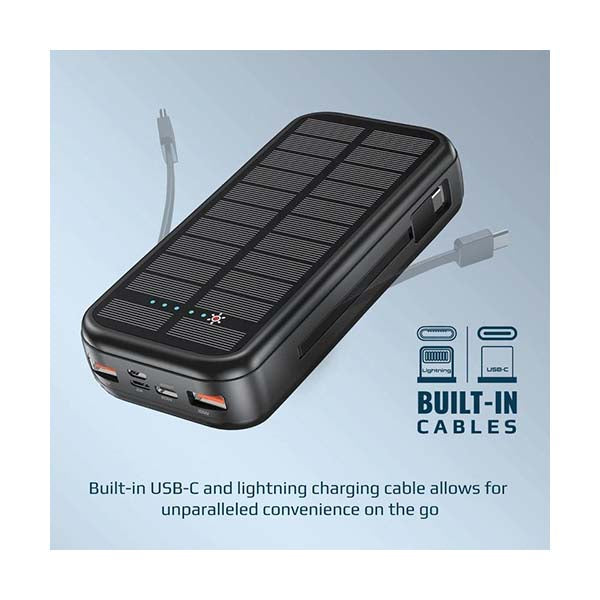 SolarTank-20PDCi, 20000mAh EcoLight™ Solar Power Bank with Built-in USB-C & Lightning Cables