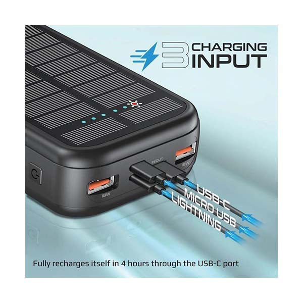 SolarTank-20PDCi, 20000mAh EcoLight™ Solar Power Bank with Built-in USB-C & Lightning Cables