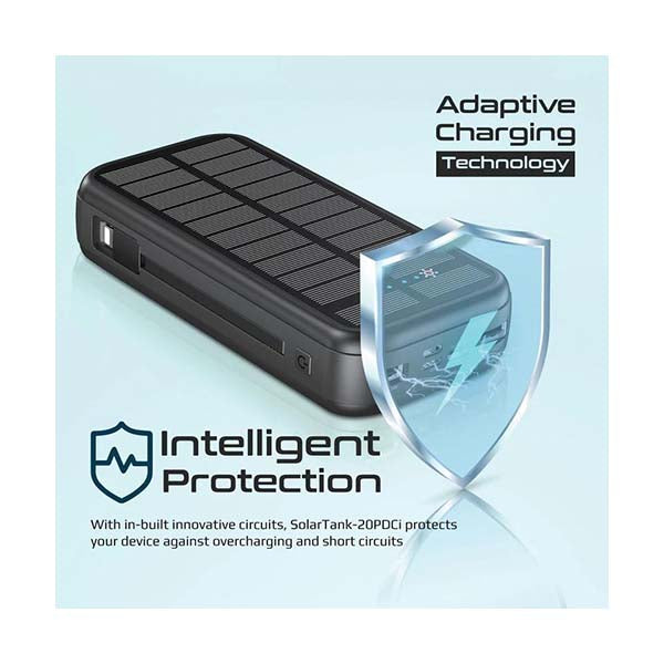 SolarTank-20PDCi, 20000mAh EcoLight™ Solar Power Bank with Built-in USB-C & Lightning Cables