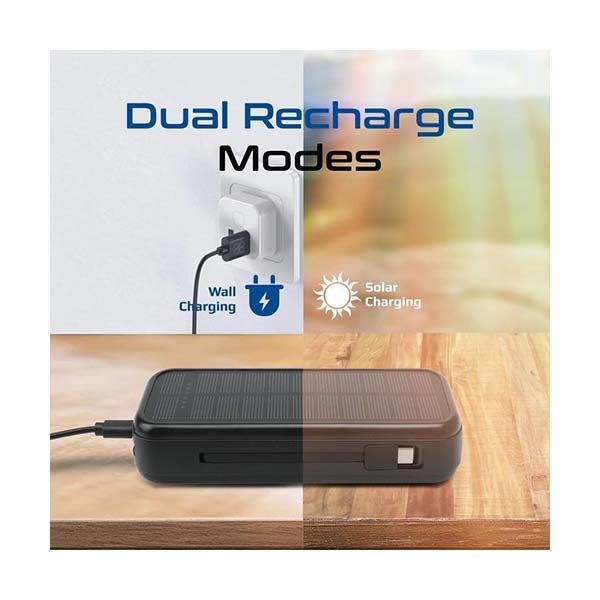 SolarTank-20PDCi, 20000mAh EcoLight™ Solar Power Bank with Built-in USB-C & Lightning Cables
