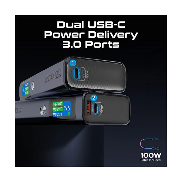 Promate Titan-130, Sleek 130W Multi-Port Power Delivery Power Bank with TFT LCD Screen