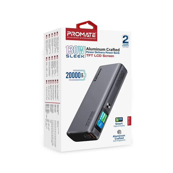 Promate Titan-130, Sleek 130W Multi-Port Power Delivery Power Bank with TFT LCD Screen