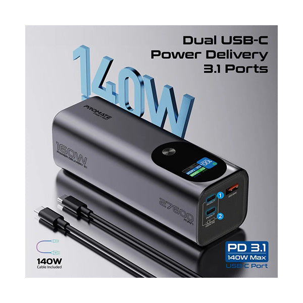 Promate Titan-160, Ultra-Compact 160W Multi-Port PD 3.1 Power Bank with TFT LCD Screen