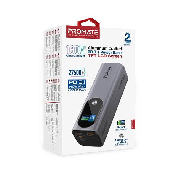 Promate Titan-160, Ultra-Compact 160W Multi-Port PD 3.1 Power Bank with TFT LCD Screen