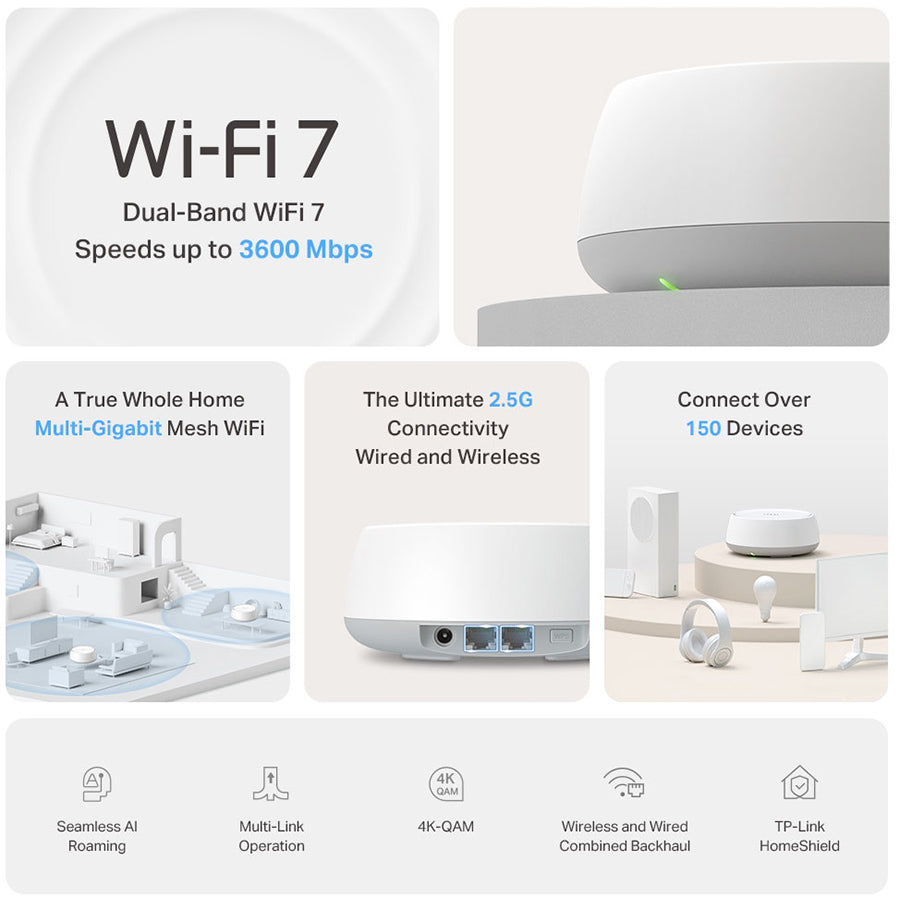 TPLink Deco BE25 BE3600 Whole Home Mesh WiFi 7 System 1-pack