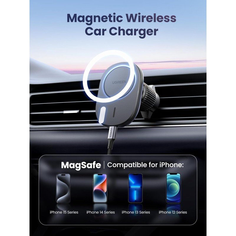 UGREEN 2-in-1 Magnetic WirelessCar Charger – 15W Fast Charging, Dashboard & Air Vent Mount - CD345 1512
