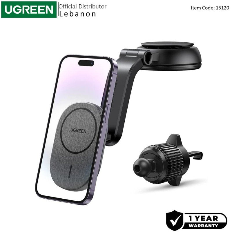 UGREEN 2-in-1 Magnetic WirelessCar Charger – 15W Fast Charging, Dashboard & Air Vent Mount - CD345 1512