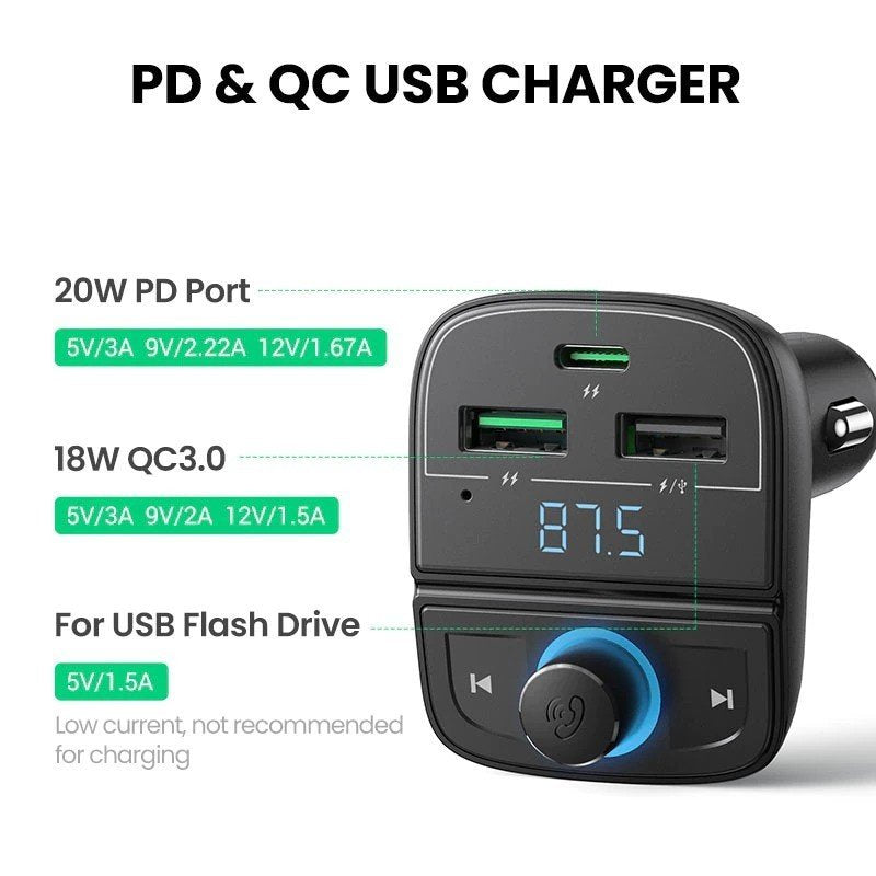 UGREEN 31.5W PD Fast Car Charger with FM & Bluetooth Transmitter + USB MP3 & TF Slot Reader - CD229 8091
