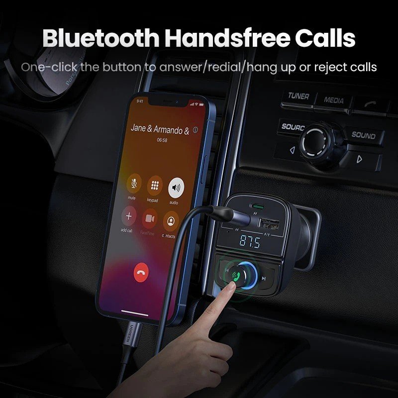 UGREEN 31.5W PD Fast Car Charger with FM & Bluetooth Transmitter + USB MP3 & TF Slot Reader - CD229 8091