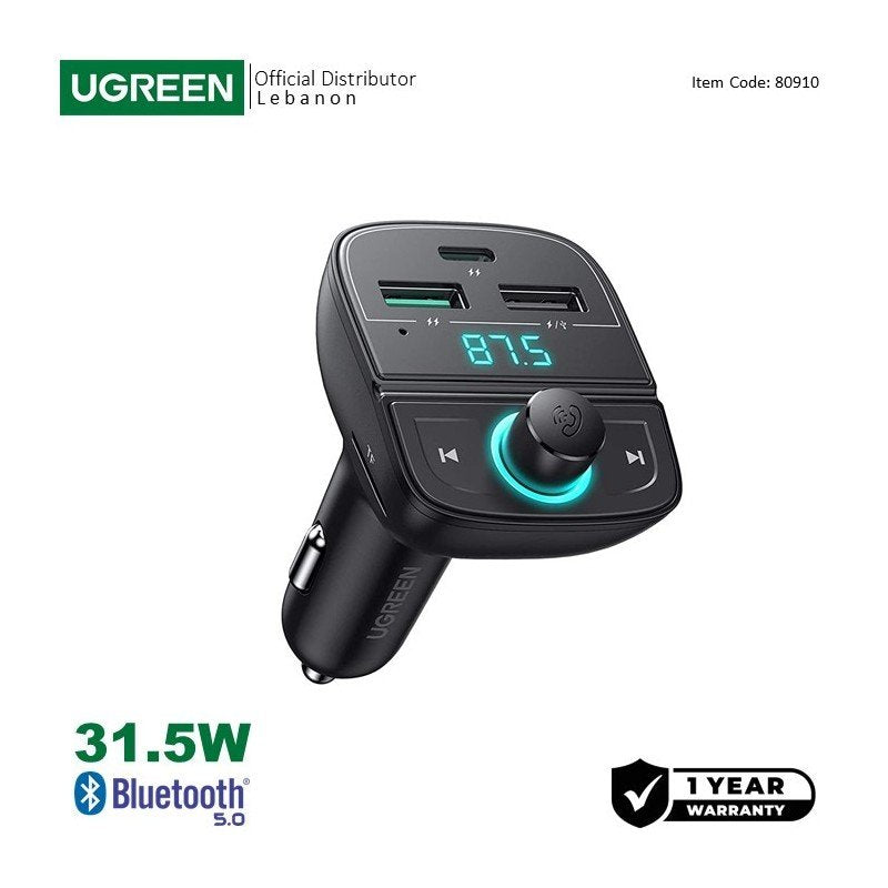 UGREEN 31.5W PD Fast Car Charger with FM & Bluetooth Transmitter + USB MP3 & TF Slot Reader - CD229 8091