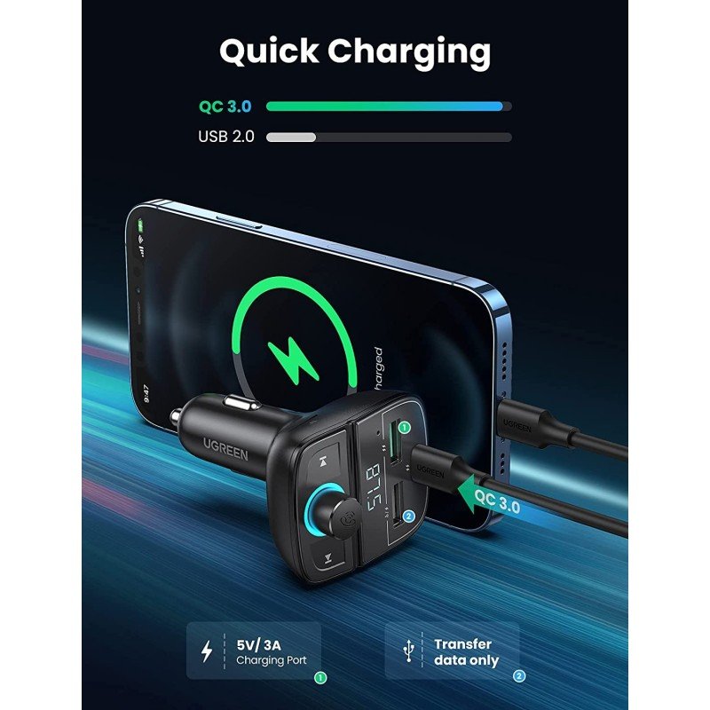 UGREEN 31.5W PD Fast Car Charger with FM & Bluetooth Transmitter + USB MP3 & TF Slot Reader - CD229 8091