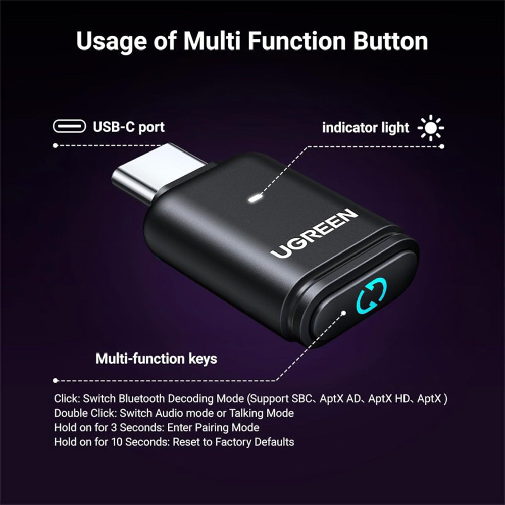 UGREEN USB-C Bluetooth 5.3 Adapter Wireless Audio Transmitter to Connect BT Headphone