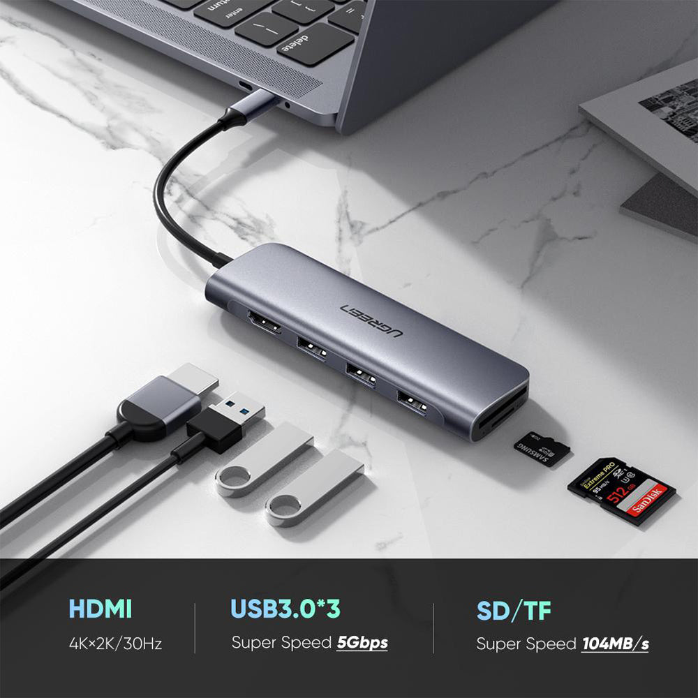 UGREEN 6-in-1 USB-C HUB (4K HDMI + 3 USB-A + SD + TF)