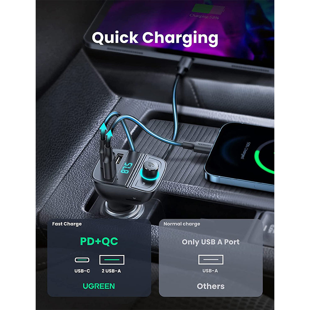 UGREEN FM and Bluetooth Transmitter and Car Charger 24W + TF Slot