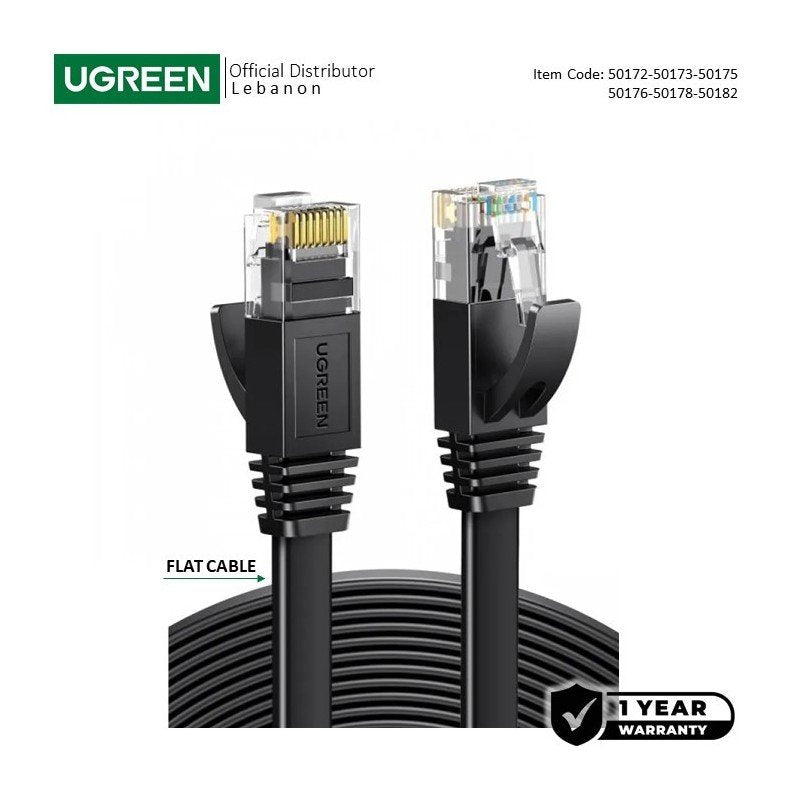 UGREEN RJ45 Cat6 Patch Cord Ethernet Flat Design Cable, Available in 0.5M, 1M, 3M, 5M, 10M, 30M - NW102