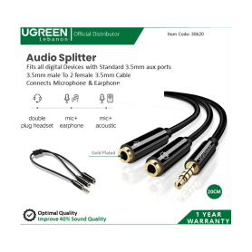 UGREEN Cable Audio Splitter 3.5Mm Male To 2 Female 3.5Mm Braid, Connects Audio , Mic At The Same Time 30620