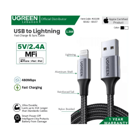 UGREEN USB-A to Lightning Braided Cable & Aluminum Body, MFI Apple Certified, Fast Charging 1.5M, 2M - US199 60162 60157 60158