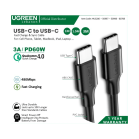 UGREEN USB-C to USB-C PD60W Fast Charge Cable, Available in 0.5M, 1M, 1.5M, 2M, 3M - US286 50996 50997 60518 50998 60520 60788