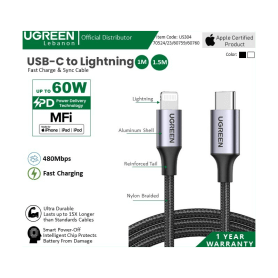UGREEN Mfi, Apple Certified Cable Usb-C To Lightning Nylon Braided & Aluminum Body 60759