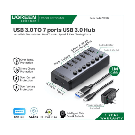Ugreen usb 3.0 To 7 Ports Usb 3.0 Hub, 4 Fast Charging Ports Supplied (Data Transfer Up To 5 Gbps) 90307