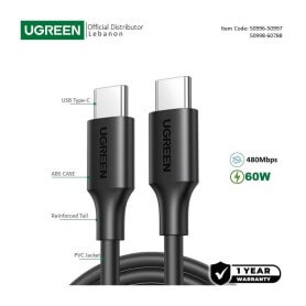 UGREEN USB-C to USB-C PD60W Fast Charge Cable, Available in 0.5M, 1M, 1.5M, 3M - US286 50996