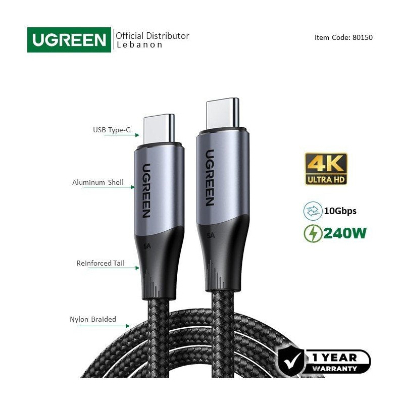 UGREEN USB-C 3.1 GEN2 Male to Male Cable support 4K@60Hz, 10Gbps, 240W, 1M - US355 8015