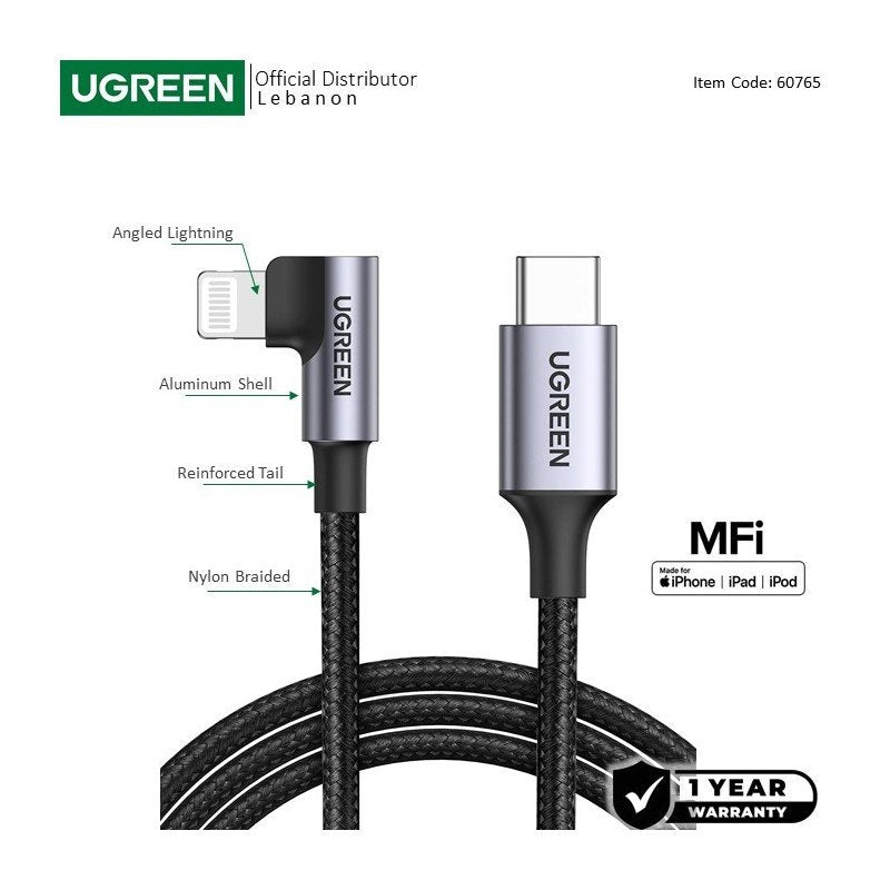 UGREEN USB-C to Angled Lightning Braided Cable & Aluminum Body, MFI Apple Certified, Fast Charging, 2M - US305 6076