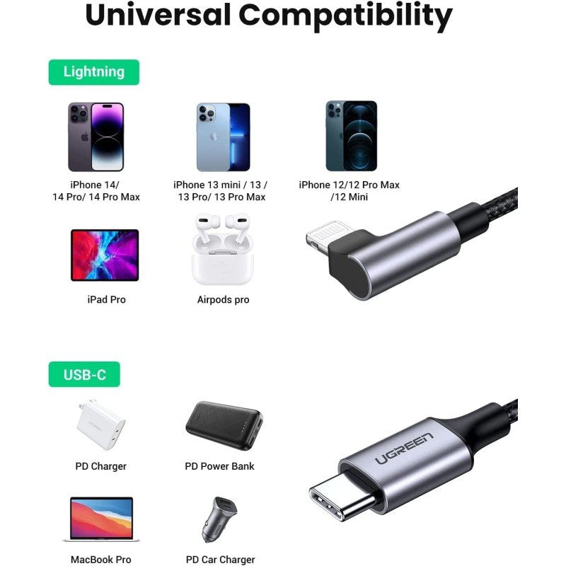 UGREEN USB-C to Angled Lightning Braided Cable & Aluminum Body, MFI Apple Certified, Fast Charging, 2M - US305 6076
