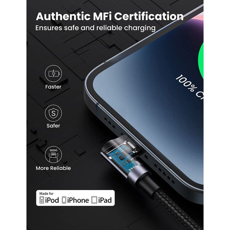 UGREEN USB-C to Angled Lightning Braided Cable & Aluminum Body, MFI Apple Certified, Fast Charging, 2M - US305 6076