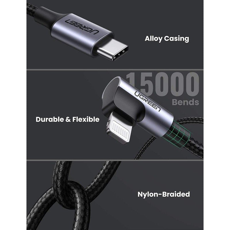 UGREEN USB-C to Angled Lightning Braided Cable & Aluminum Body, MFI Apple Certified, Fast Charging, 2M - US305 6076