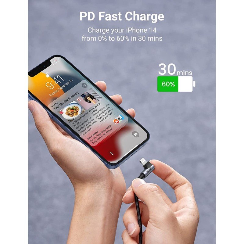UGREEN USB-C to Angled Lightning Braided Cable & Aluminum Body, MFI Apple Certified, Fast Charging, 2M - US305 6076